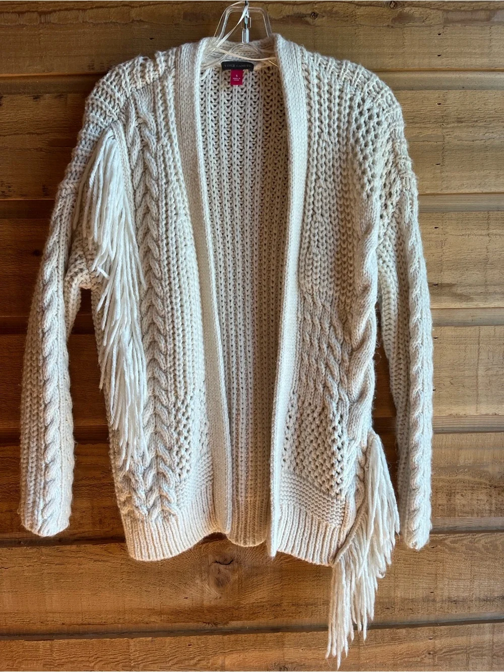 VINCE CAMUTO - Chunky Cream Fringe Open-Front Sweater Cardigan